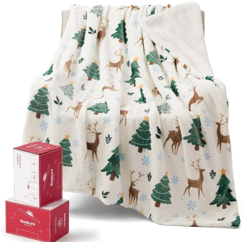 Festive Reindeer and Tree Holiday Throw Blanket